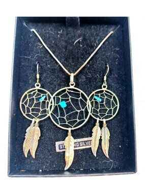 Dreamcatcher Sterling Silver Pendant & Earrings Set With Feather & Turquoise Det